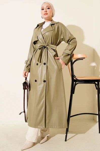 Düğmeli Kuşaklı Deri Trençkot Çağla Yeşili ürün görseli 1