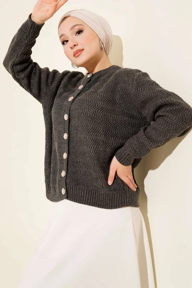 Zikzak Desenli Gold Düğmeli Triko Hırka Füme ürün görseli 1