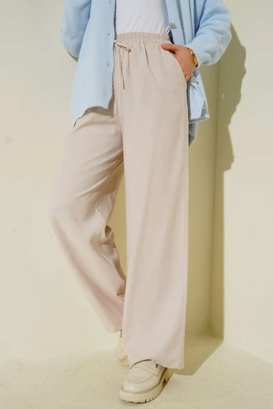 Bel Lastikli Tencel Pantolon Bej - Resim 2