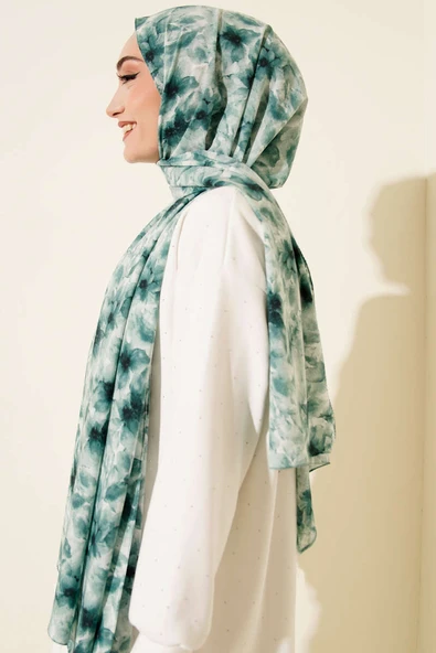 Çiçek Desenli Rami Şal Petrol Yeşili - Resim 3