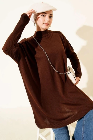 Kol Ribanalı Oversize Triko Tunik Kahve ürün görseli 1