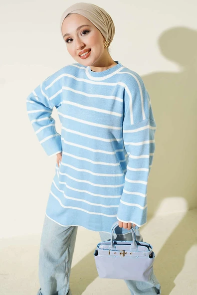 Yatay Çizgili Düşük Omuz Triko Tunik Mavi ürün görseli 1