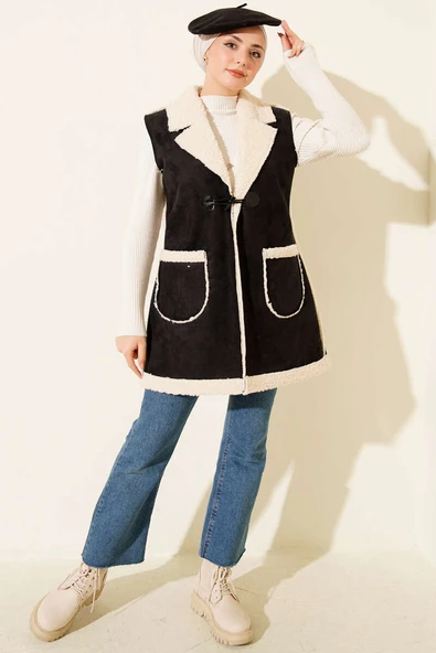 Peluş İçli Süet Yelek Siyah - Resim 2