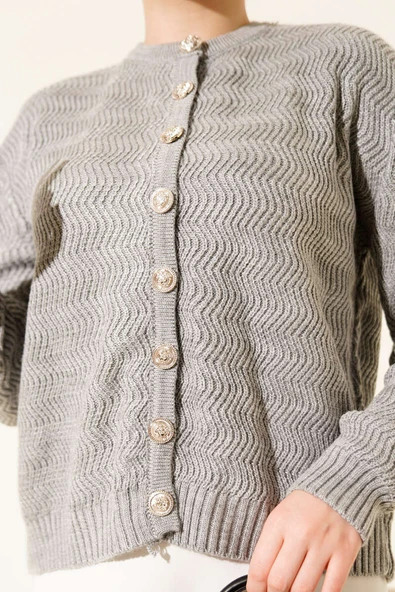 Zikzak Desenli Gold Düğmeli Triko Hırka Gri - Resim 4