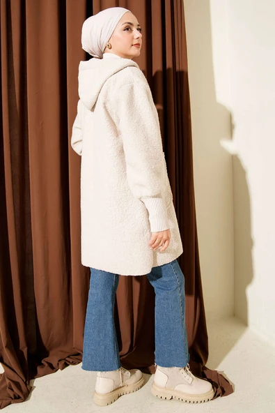 Bilek Ribanalı Kapüşonlu Buklet Hırka Bej - Resim 3