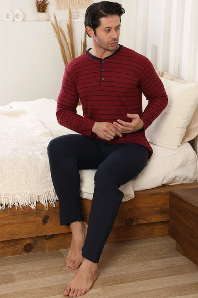 Yatay Çizgili Düğme Detaylı Erkek Pijama Takımı Bordo ürün görseli 1