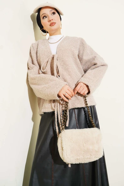 Önü Bağlamalı Keçe Kısa Ceket Bej ürün görseli 1