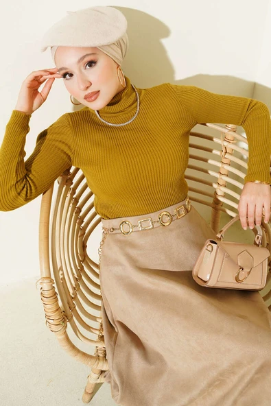 Boğazlı Fitilli Triko Kazak Yağ Yeşili ürün görseli 1