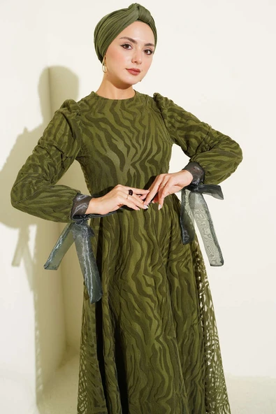 Dalga Desen Tül Kuşak Abiye Elbise Haki - Resim 2