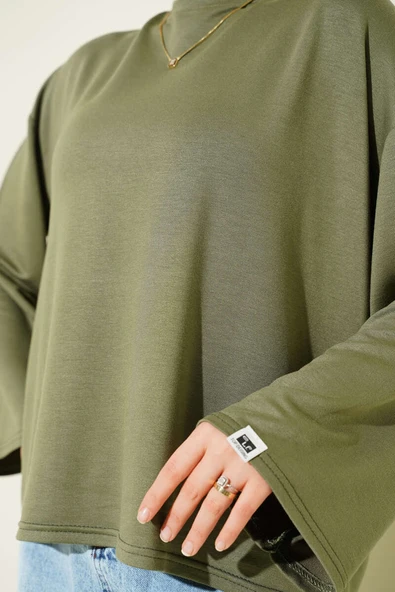 Loyşa Bilek Armalı Basic Bluz Haki - Resim 4