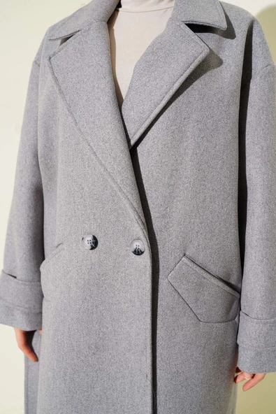 İki Düğmeli Kruvaze Yaka Kaşe Kaban Gri - Resim 4