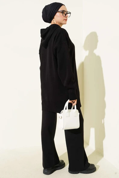 Kapüşonlu Ponponlu Triko İkili Takım Siyah - Resim 3