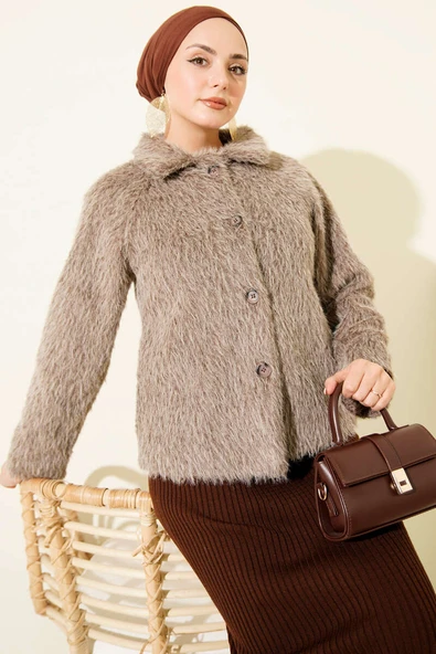 Düğmeli Sakallı Kısa Ceket Vizon ürün görseli 1