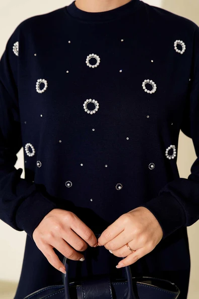 Loyşa Yuvarlak İncili Tunik Lacivert - Resim 4