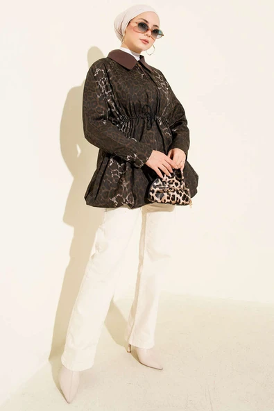 Etek Ucu Gizli Lastikli Leopar Trençkot Kahve - Resim 2