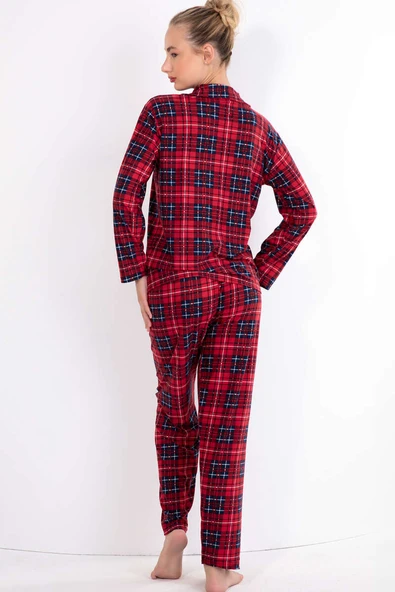 Gömlek Yaka Kare Çizgi Detaylı Pijama Takımı Kırmızı Lacivert - Resim 2