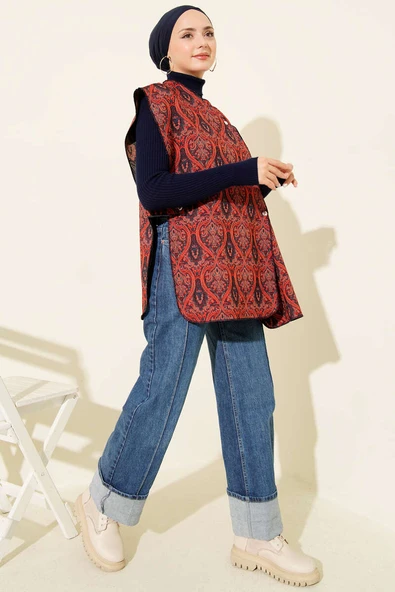 Etnik Desen Çıtçıtlı Yelek Bordo - Resim 2