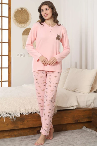 Ayıcık Nakışlı Fitilli Uzun Kollu Pijama Takımı Yavru Ağzı - Resim 2
