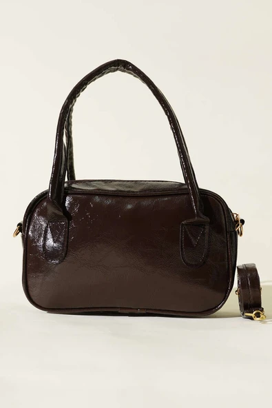 Mini Fermuarlı Rugan El Çantası Acı Kahve - Resim 2