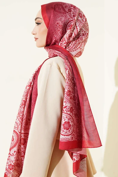 Paisley Çiçek Desen Şal Bordo - Resim 3