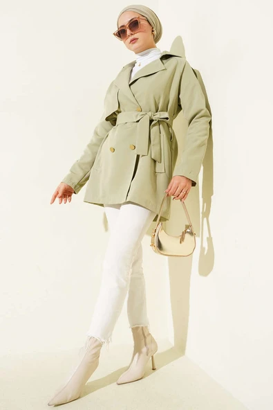 Tek Omuz Apoletli Düğmeli Trençkot Su Yeşili - Resim 2