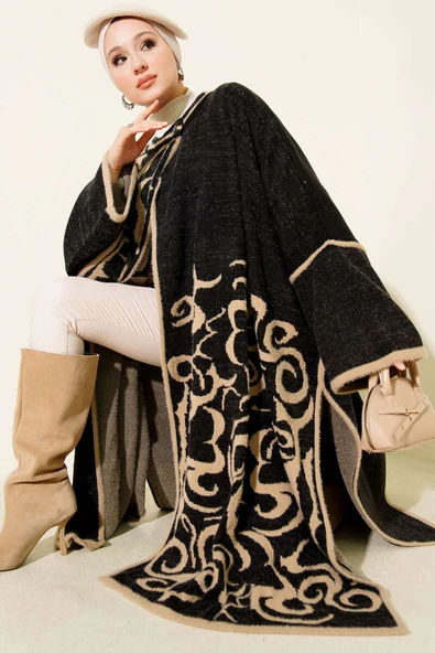 Angora Detaylı Yaka Düğmeli Panço Siyah ürün görseli 1