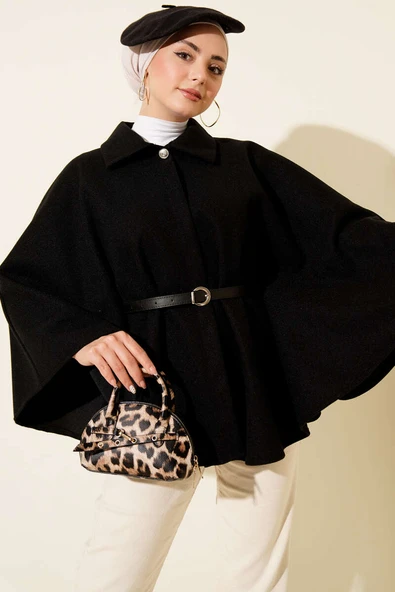 Kemerli Gömlek Yaka Kaşe Panço Siyah ürün görseli 1