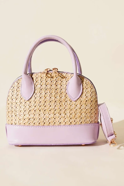 Oval Hasır Detaylı Çanta Lila - Resim 2
