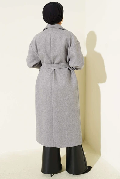 İki Düğmeli Kruvaze Yaka Kaşe Kaban Gri - Resim 3