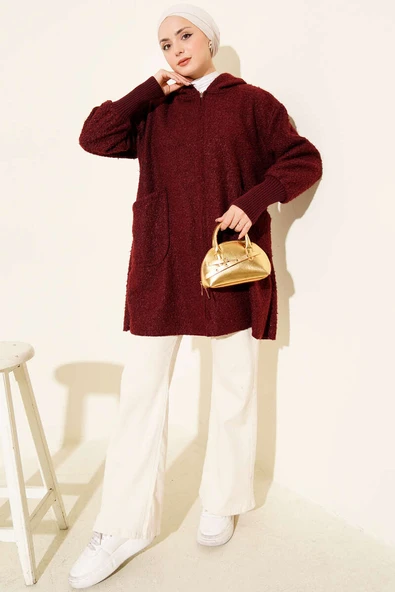 Bilek Ribanalı Kapüşonlu Buklet Hırka Bordo - Resim 2
