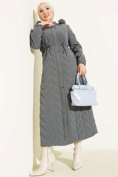 Kaşe Garnili Kapüşonlu Kapitone Uzun Mont Gri ürün görseli 1