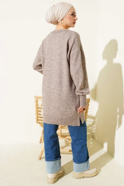 Yan Yırtmaçlı Yumoş Uzun Triko Tunik Vizon - Resim 3