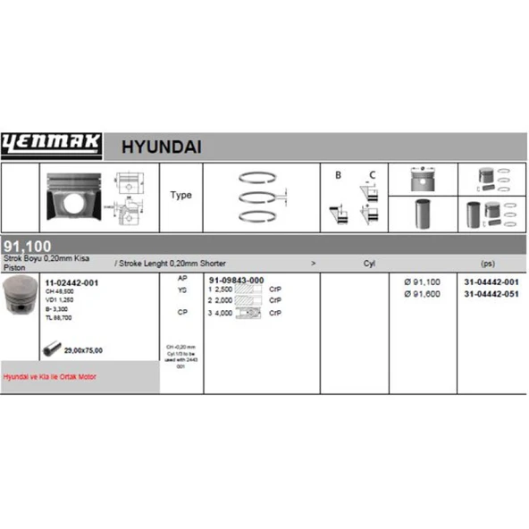 Kia Motor Piston Segman Std Starex Tci 2001-> Kia K2500 Tci 2004-> (1-3 Siralı Piston) D4bh Motor (0,20 - Yenmak 31-04442-001 ürün görseli