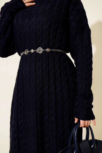 Saç Örgülü Basic Triko Elbise Lacivert - Resim 4