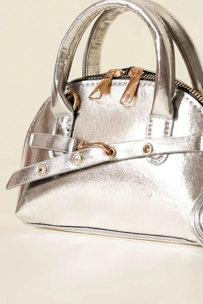 Fermuarlı Oval Mini El Çanta Gümüş - Resim 3