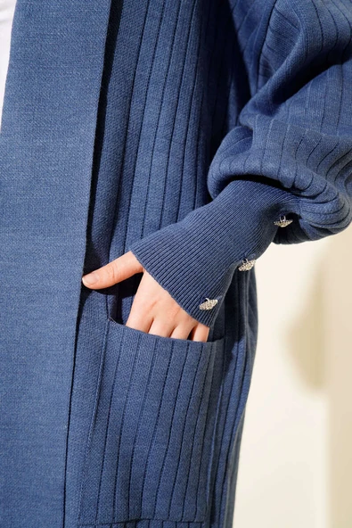 Kol Ucu Düğmeli Şal Yaka Triko Hırka İndigo - Resim 4