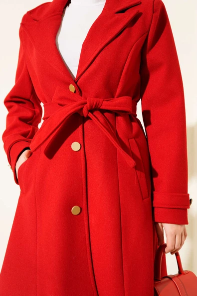 Kuşaklı Gold Düğmeli Kaşe Kaban Kırmızı - Resim 4