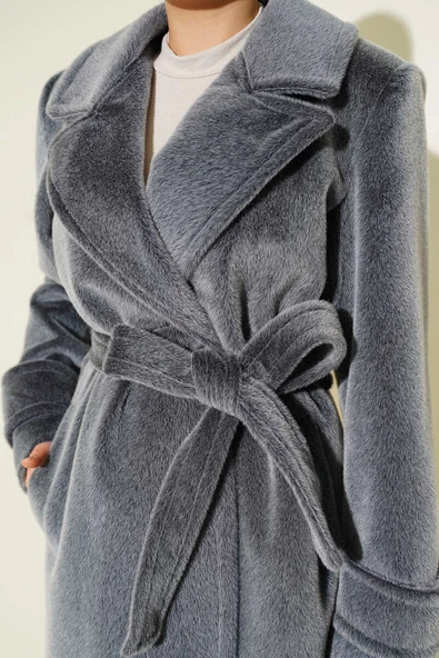 Kol Düğme Detaylı Kruvaze Kaban Füme - Resim 4