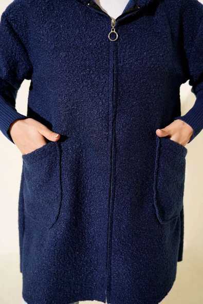 Bilek Ribanalı Kapüşonlu Buklet Hırka Lacivert - Resim 4