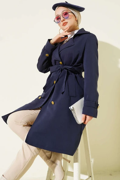 Tek Omuz Apoletli Kruvaze Trençkot Lacivert - Resim 2