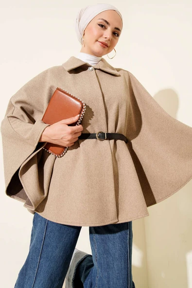 Kemerli Gömlek Yaka Kaşe Panço Bej - Resim 1