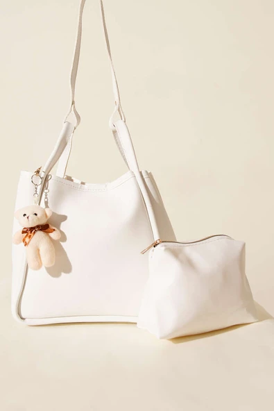 Çıtçıtlı Makyaj Çantalı Kadın El Çantası Beyaz - Resim 2