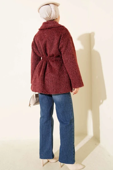 Deri Çıtçıtlı Sakallı Kuşaklı Ceket Bordo - Resim 3