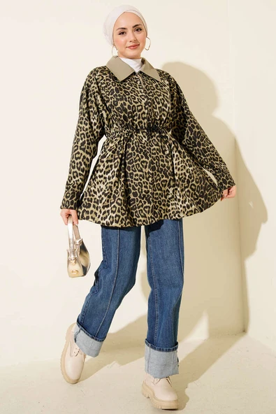 Etek Ucu Gizli Lastikli Leopar Trençkot Çağla Yeşili - Resim 2