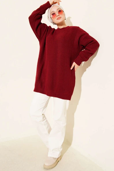 Kol Düğme Detaylı Triko Tunik Bordo - Resim 2