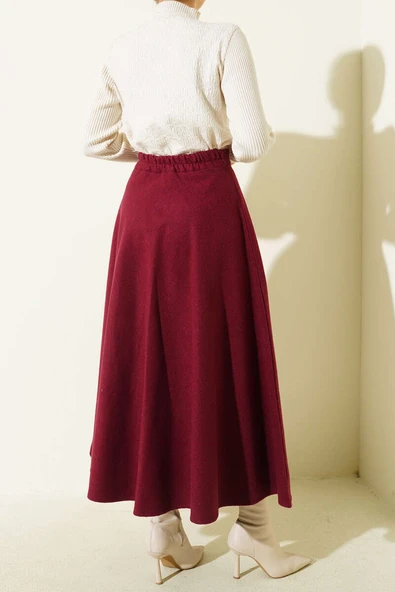 Bel Lastikli Kloş Kaşe Etek Bordo - Resim 3