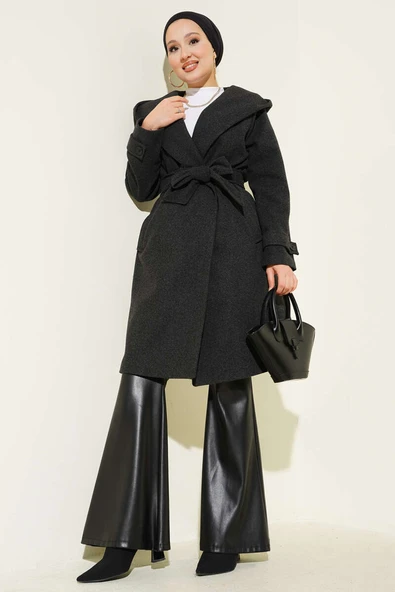 Kapüşonlu Düğmeli Kaşe Kaban Antrasit ürün görseli 1