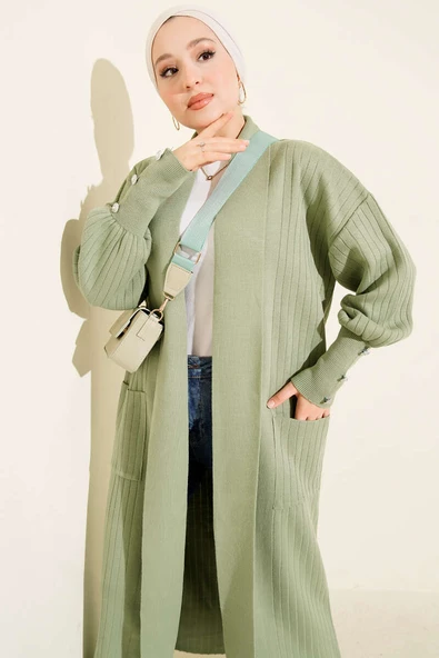 Kol Ucu Düğmeli Şal Yaka Triko Hırka Çağla Yeşili - Resim 2