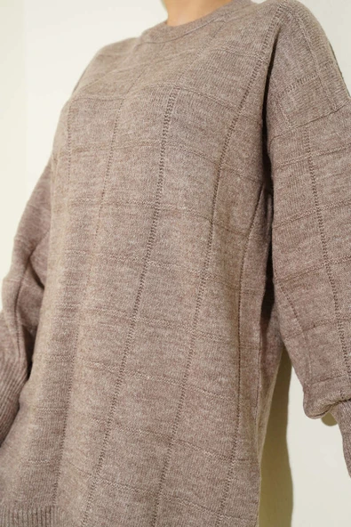 Kare Desenli Yumoş Triko Tunik Vizon - Resim 4