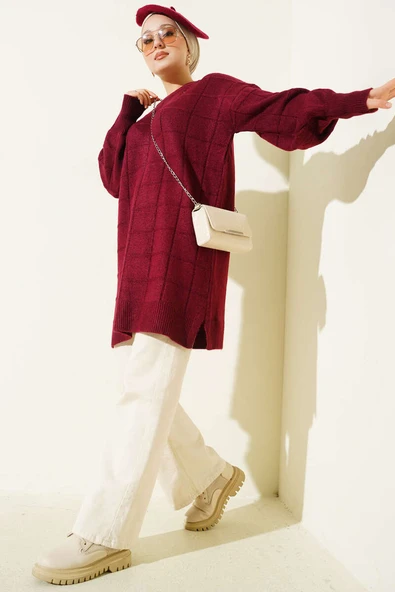 Kare Desenli Yumoş Triko Tunik Bordo - Resim 2